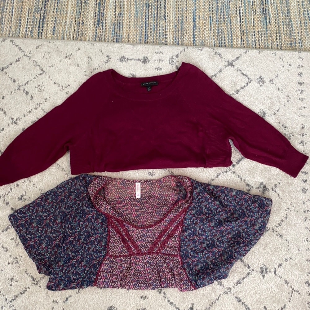 Size L maroon sweater and floral blouse bundle